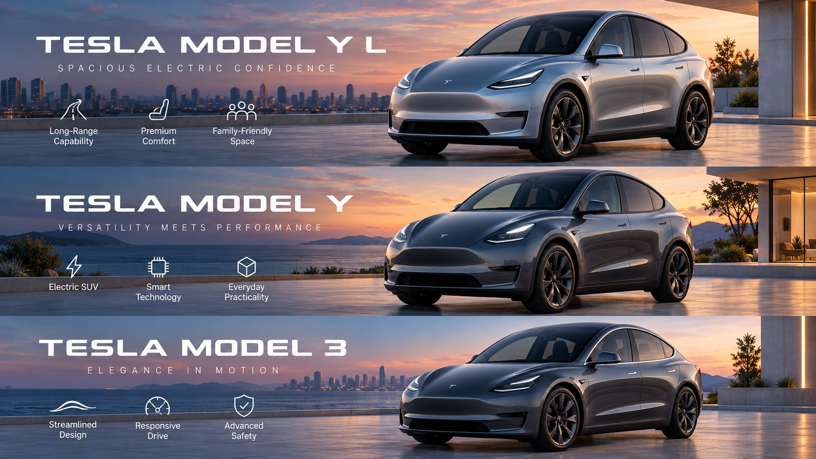 Tesla electric vehicle lineup including Model Y L, Model Y and Model 3